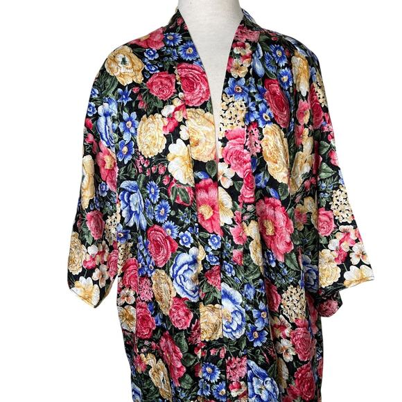 Vintage 80s Floral Satin Kimono Long Robe Lingerie Beaux Reves OS One Size - Picture 3 of 7
